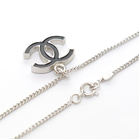 CHANEL CC Logo Necklace Silver-toned Enamel Black 06V #16117