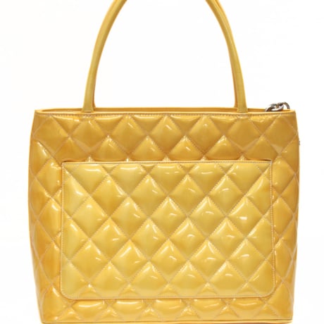 CHANEL Medallion Tote Bag Quilted Patent Yellow #74779