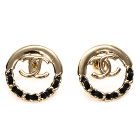 CHANEL CC Logo Woven Pierced Earrings Gold-toned B22P #74089
