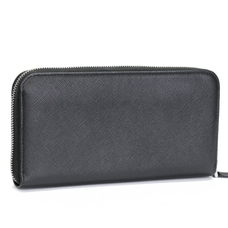 PRADA Logo Patches Zip-around Wallet Saffiano Leather Black 230-E #75058