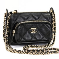 CHANEL Mini Clutch with Chain Shiny Crumpled Quilted Lambskin Black #74652