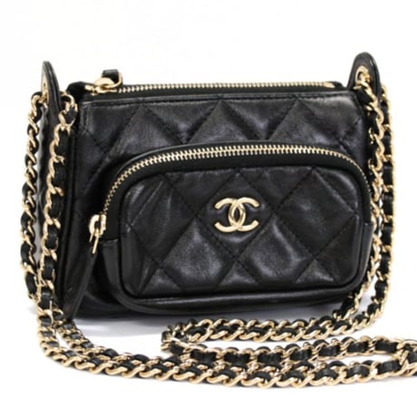 CHANEL Mini Clutch with Chain Shiny Crumpled Quilted Lambskin Black #74652