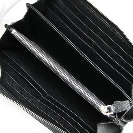 PRADA Logo Patches Zip-around Wallet Saffiano Leather Black 230-E #75058