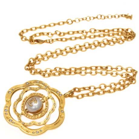 CHANEL CC Logo Camellia Pendant Necklace Faux Pearl Gold-toned B24K #73450