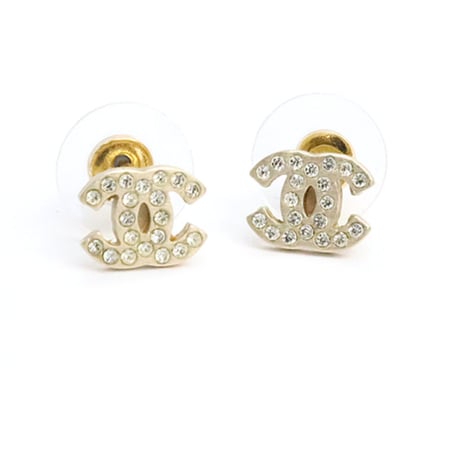CHANEL CC Logo Motif Pierced Earrings Crystal Gold-toned 03P #19211