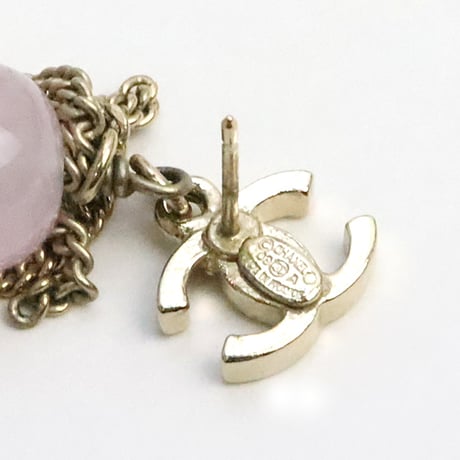 CHANEL CC Logo Chain Dangle Pierced Earrings Pink Color Stone Gold-toned  #19159