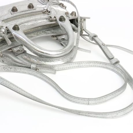 BALENCIAGA Nano Cagole Shoulder Bag Leather Metallic Silver＃19476