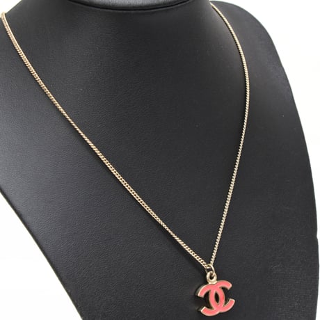CHANEL CC Logo Pendant Necklace Golg-toned Pink 04A #74604