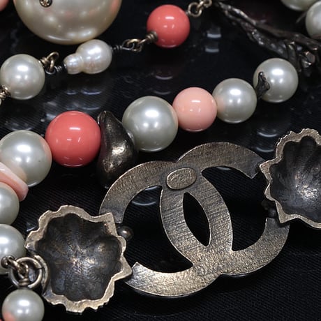CHANEL Long Necklace Crystal Faux Pearl Silver-toned Pink 05C #72084
