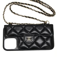 CHANEL iPhone15 Pro Case with Chain Quilted Lambskin Black #74644