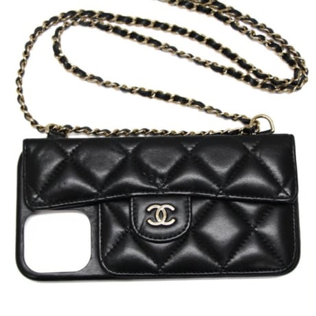CHANEL iPhone15 Pro Case with Chain Quilted Lambskin Black #74644