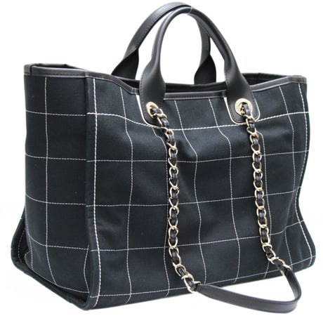 CHANEL Medium Deauville Tote Bag Square Stitch Cotton Canvas Black #74406