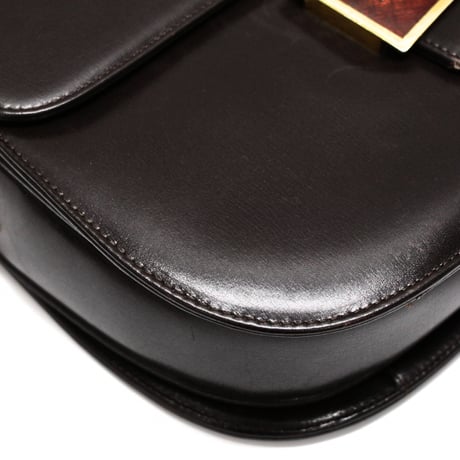 CELINE Horse Carriage Hardware Flap Sholuder Bag Leather Dark Brown #74802