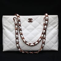 CHANEL Shopping Tote Bag with Plastic Chain Quilted Caviar White #75287