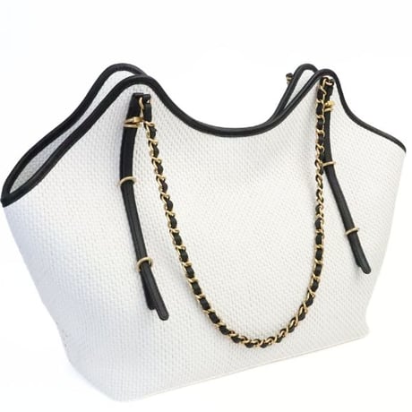 CHANEL Maxi Shopping Bag Raffia Calfskin White #19251