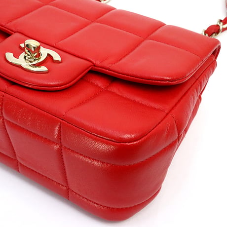 CHANEL Chocolate Bar Mini Square Flap Bag Quilted Lambskin Red＃74006
