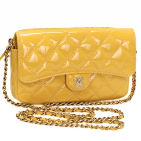 CHANEL Classic Flap Phone Holder with Chain Quilted Patent Leather Yellow #73472