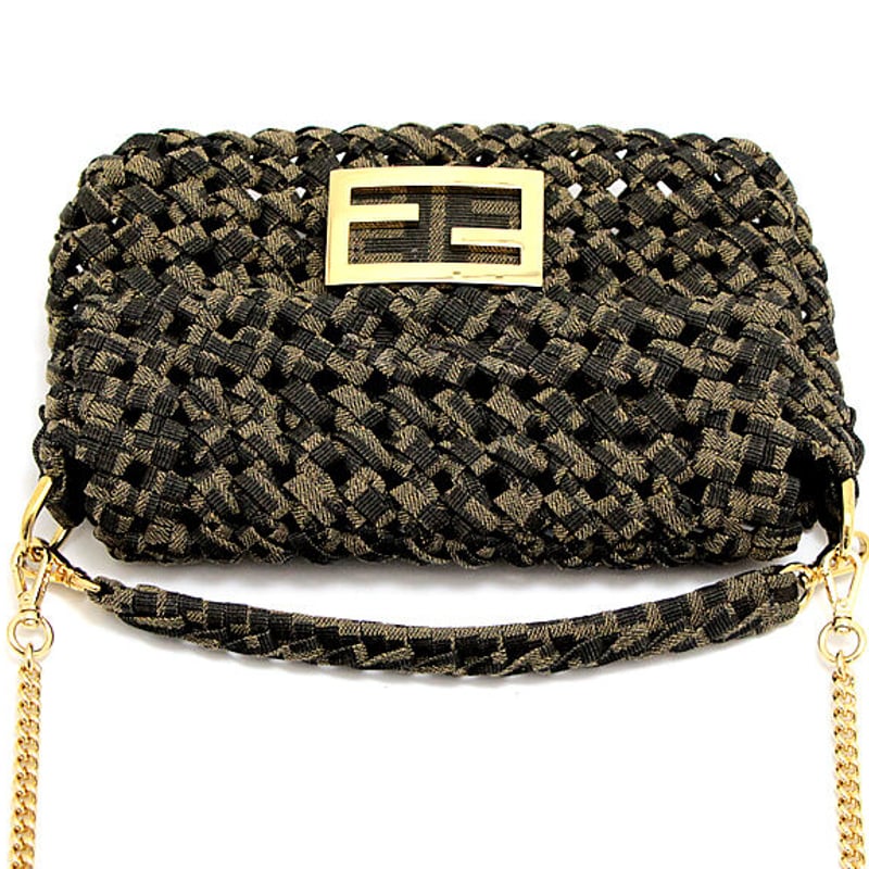 FENDI Baguette Mini Lambskin Leather Chain Shoulder Bag Black