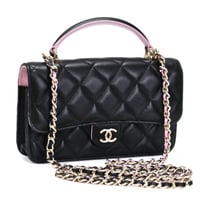 CHANEL Top Handle Flap Wallet on Chain Quilted Lambskin Black Pink #74657