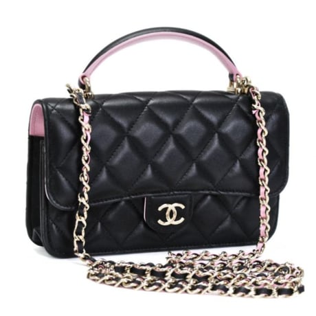 CHANEL Top Handle Flap Wallet on Chain Quilted Lambskin Black Pink #74657