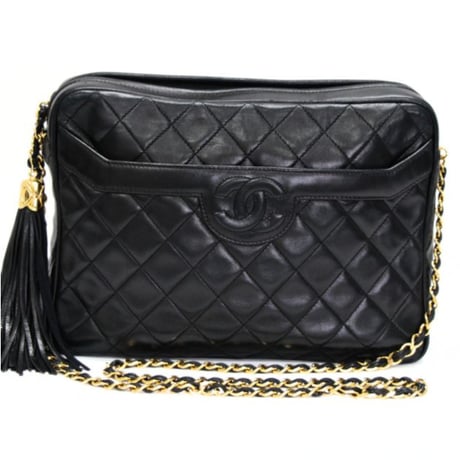 CHANEL Camera Bag with Fringe Charm Quilted Lambskin Black #75168