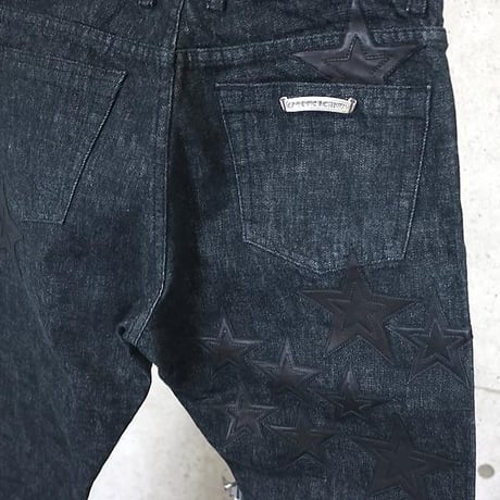 Chrome Hearts Flare Knee Star Leather Patched Denim Pants #30559