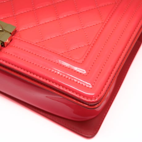 CHANEL Medium Boy Flap Bag Quilted Patent Leather Neo Pink #73466