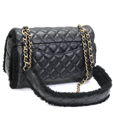 CHANEL Shearling Muff Flap Bag Quilted Lambskin Black ＃74773