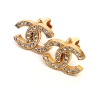 CHANEL CC Logo Motif Clip-on Earrings Crystal Gold-toned #18828