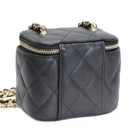 CHANEL Mini Square Vanity Case with CC Logo Chain Quilted Caviar Black #73901