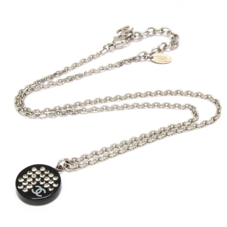 CHANEL CC Logo Rounded Pendant Necklace Resin Silver-toned Black 05P #75107