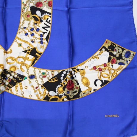 CHANEL Vintage Silk 100% Scarf Stole Blue #72494