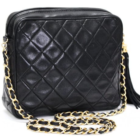 CHANEL Camera Bag with Fringe Charm Quilted Lambskin Black #74964