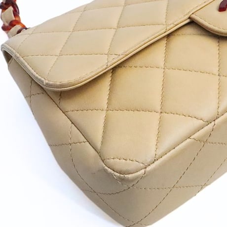 CHANEL Single Flap Bag with Tortoiseshell Chain Quilted Lambskin Beige ＃74870