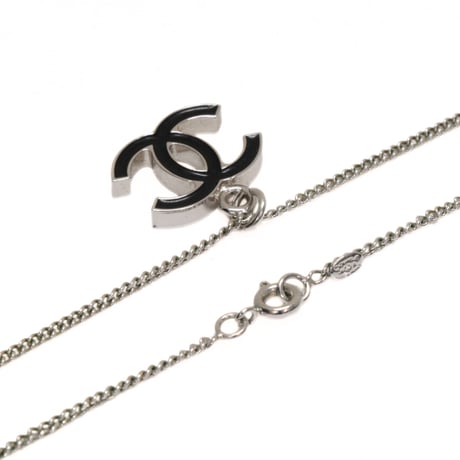 CHANEL CC Logo Pendant Necklace Silver-toned Black 04A #73950