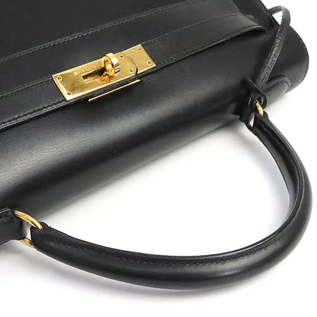 HERMES Sellier Kelly 32 Handbag Boxcalf Leather Black ＃19302