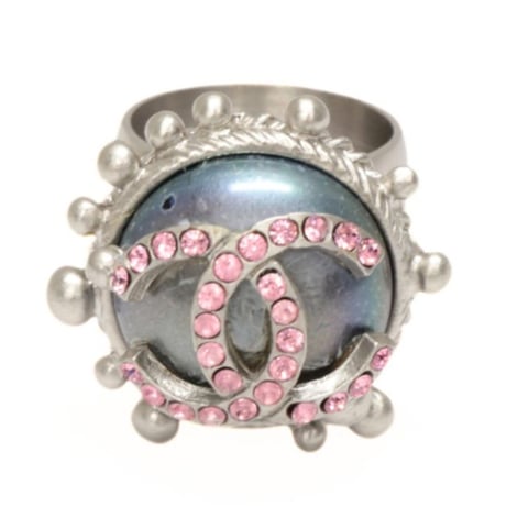CHANEL CC Logo Ring Silver-toned Pink Crystal 02C #73446