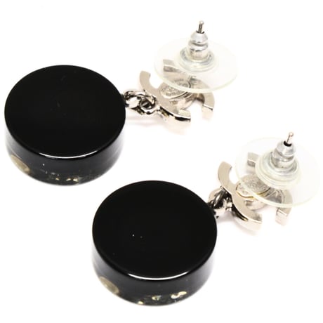 CHANEL CC Logo Dangle Pierced Earrings Crystal Silver-toned Resin 11A #72483