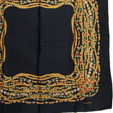 CHANEL Vintage Silk 100% Scarf Stole Black #73459
