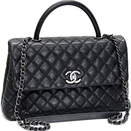 CHANEL Large Coco Handle Flap Bag Quilted Caviar Black ＃73169