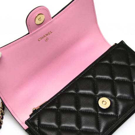 CHANEL Top Handle Flap Wallet on Chain Quilted Lambskin Black Pink #74657