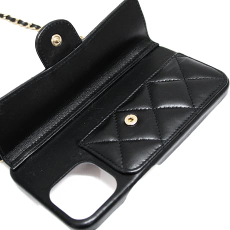 CHANEL iPhone15 Pro Case with Chain Quilted Lambskin Black #74644