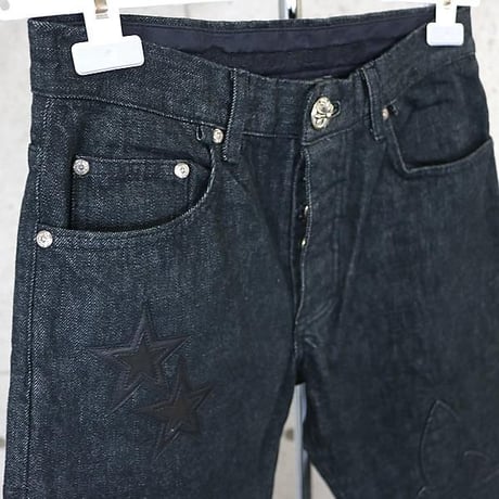 Chrome Hearts Flare Knee Star Leather Patched Denim Pants #30559