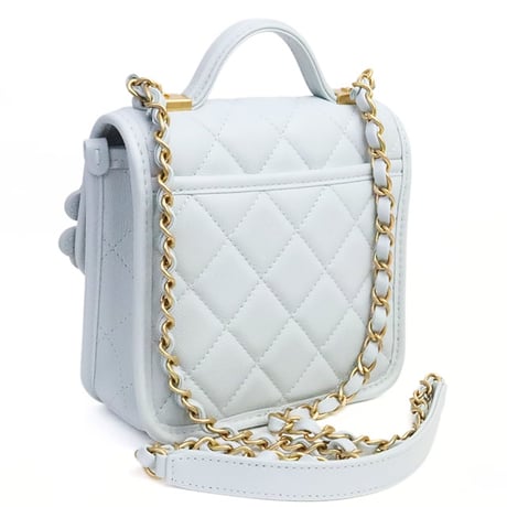 CHANEL Mini Top Handle Flap Bag with Clover Charm Quilted Caviar Pale Blue #19250