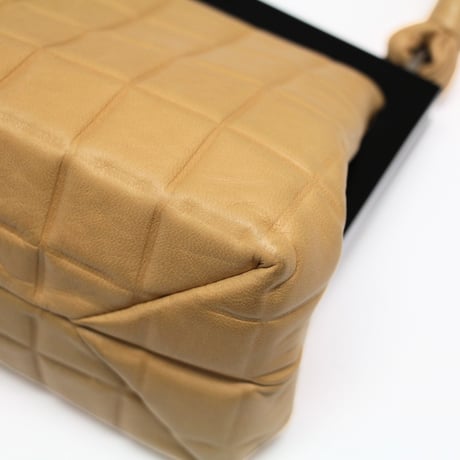 CHANEL Chocolate Bar Frame Handbag Quilted Leather Beige＃75300