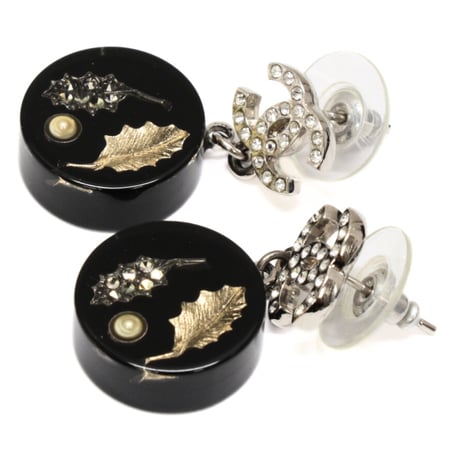 CHANEL CC Logo Dangle Pierced Earrings Crystal Silver-toned Resin 11A #72483