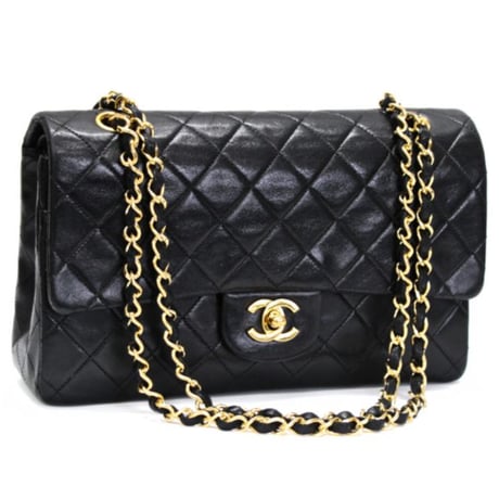 CHANEL Classic 23 Medium Double Flap Bag Quilted Lambskin Black ＃74958