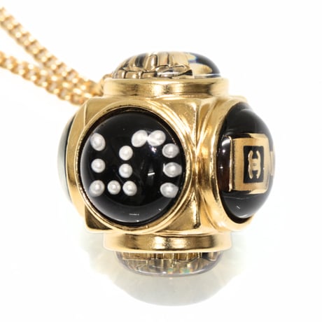 CHANEL Ball Pendant Necklace Faux Pearl Crystal Gold-toned D20B #74842