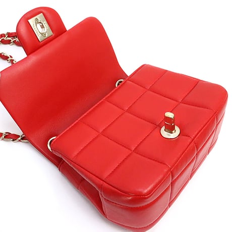 CHANEL Chocolate Bar Mini Square Flap Bag Quilted Lambskin Red＃74006