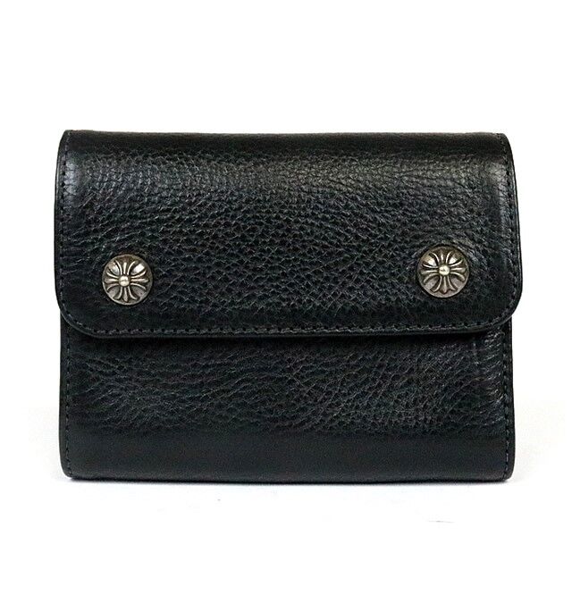Chrome Hearts Mini Wave Wallet Leather SV925 Scroll Logo Cross Snap Button  Black #91932